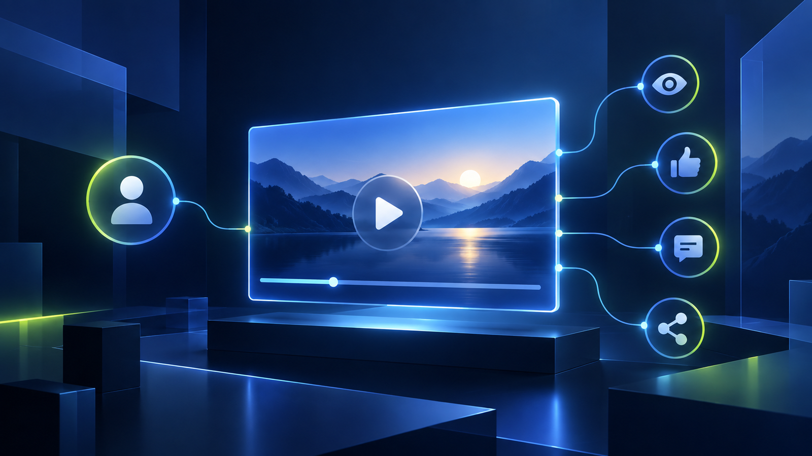 Redactionele illustratie van een videovenster dat is verbonden met een maker en interacties